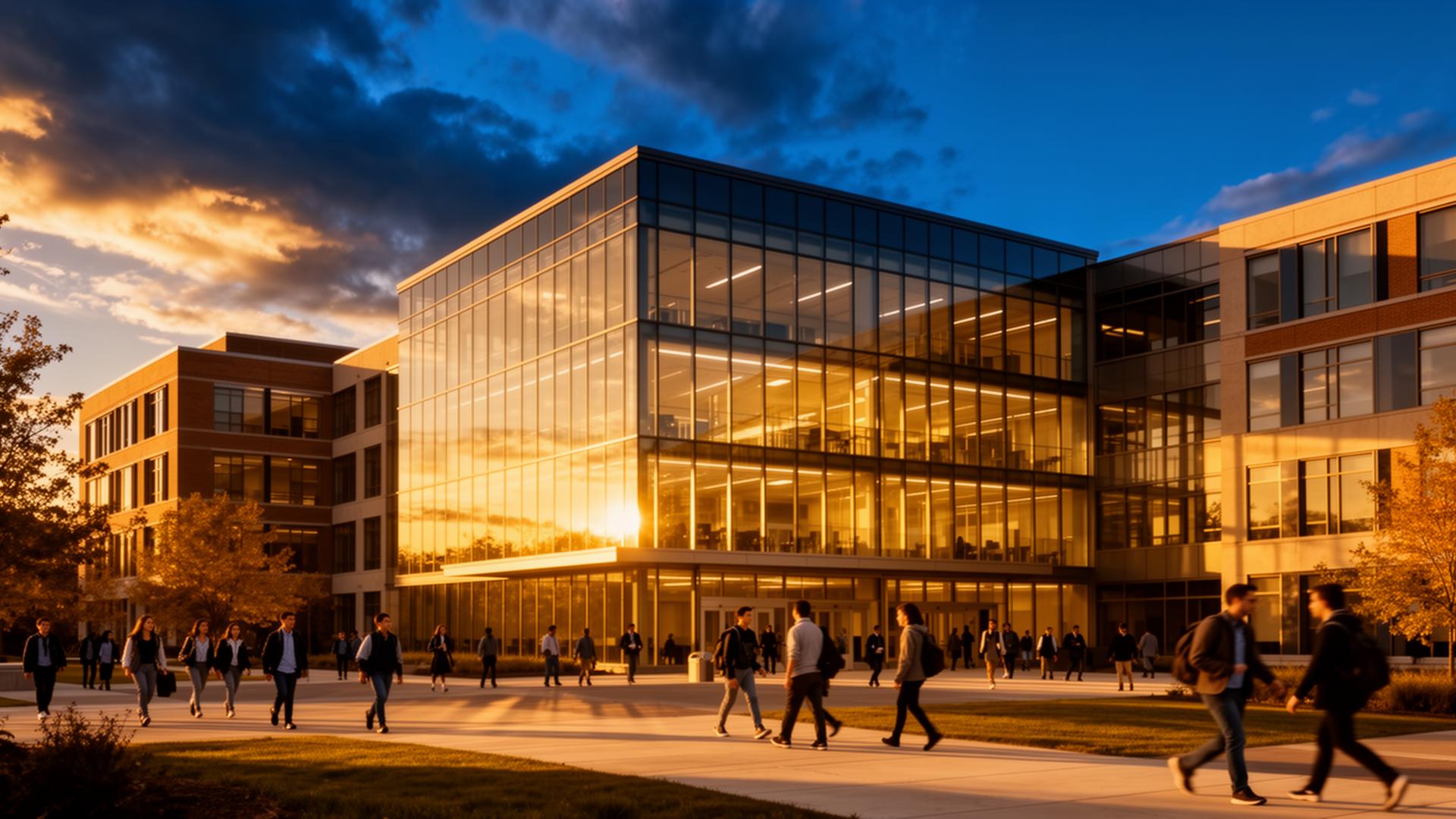 Modern college campus at golden hour