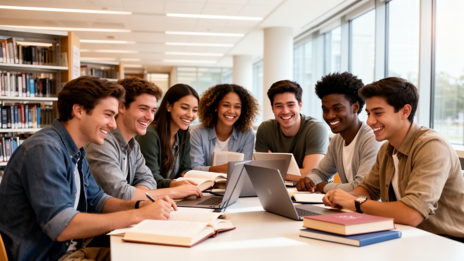 College students collaborating in a library